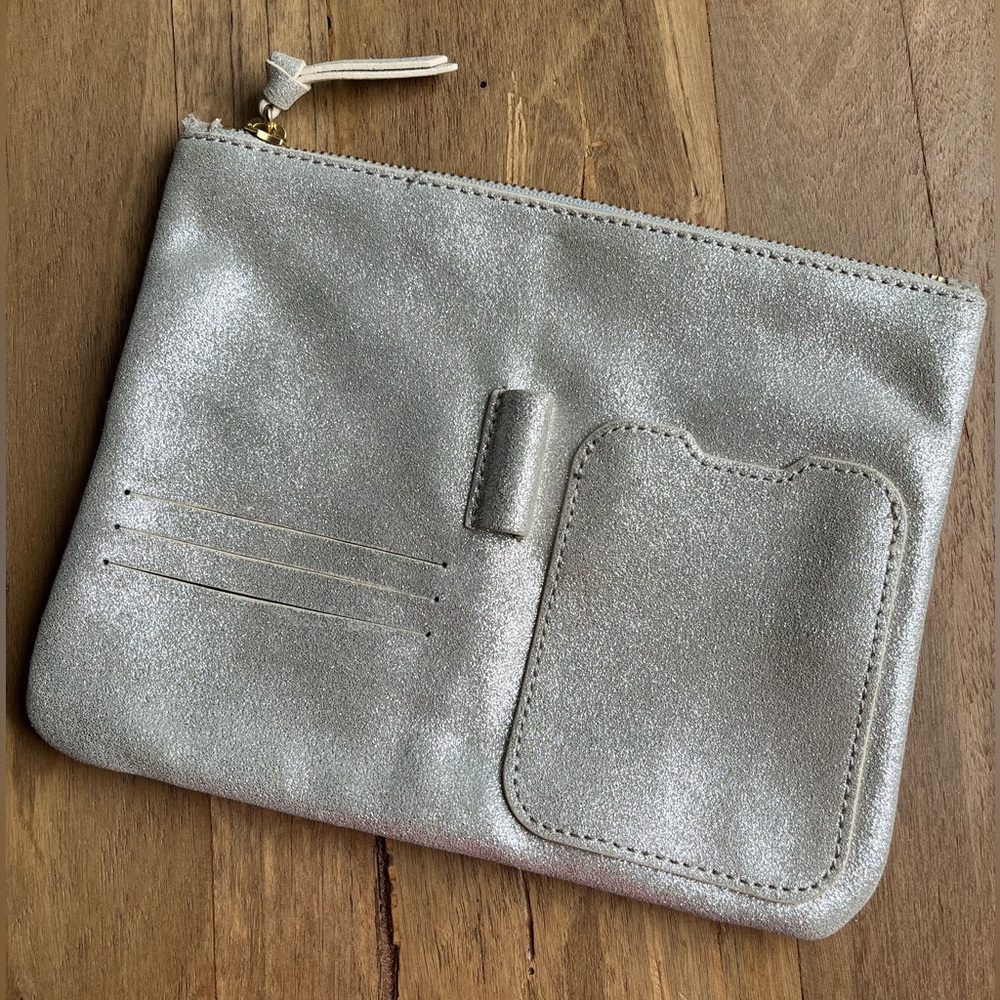 Anthropologie Leather Organizer Pouch Silver Glitter